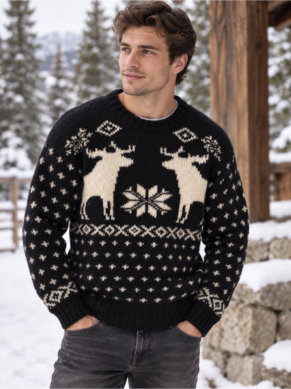 VTG 90s GAP 100% Shetland Wool Sweater Mens Sz M Black White Fair Isle Moose